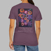 T-shirt Logo, fruits and flower painting and inspirational saying on back.