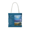 Teal Blue Tote with "I am a piece of a whole" poem and impressionist sun ocean painting