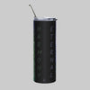 A black insulated tumbler with a clear lid and straw, featuring the words 'HARMONY' and 'ETERNAL' printed vertically in a subtle gradient on the front with front side showing abstract galaxy painting.