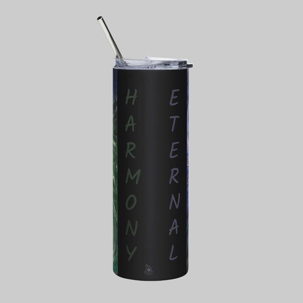 A black insulated tumbler with a clear lid and straw, featuring the words 'HARMONY' and 'ETERNAL' printed vertically in a subtle gradient on the front with front side showing abstract galaxy painting.