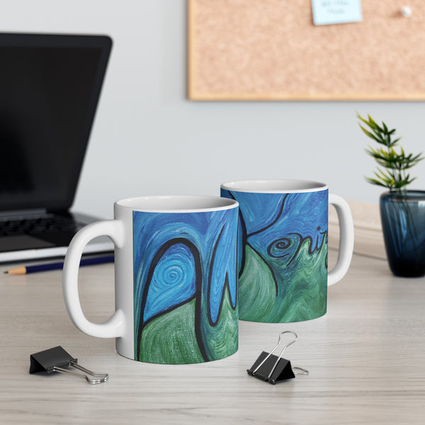 Awakening Art Mug— Black Script with Shades of Blue & Green Waves 11oz