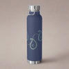 Blue insulated water bottle with paisley peace design