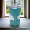 Turquoise tumbler with poem and design to come in to unfold