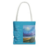 Turquoise Tote bag with beautiful seaside painting design and inspirational poem.