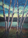 Parto Dehdashti Acrylic painting, with lake at dusk with red flowers next to birch trees