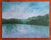 A Mossy Lake At Dusk acrylic wabi-sabi style painting in shades of blue and green