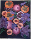 Acrylic painting of pomegranates, persimmons, peaches with purple shade lily flowers