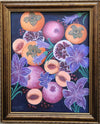 Framed acrylic painting of pomegranates, persimmons, peaches with purple shade lily flowers