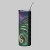 A tall, slim insulated tumbler with a clear lid and straw, featuring an abstract painted design in green, black, purple, and cream with the word 'HARMONY' and 'ETERNAL' printed vertically on the side.