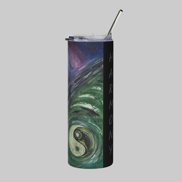 A tall, slim insulated tumbler with a clear lid and straw, featuring an abstract painted design in green, black, purple, and cream with the word 'HARMONY' and 'ETERNAL' printed vertically on the side.