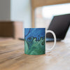 Awakening Art Mug— Black Script with Shades of Blue & Green Waves 11oz