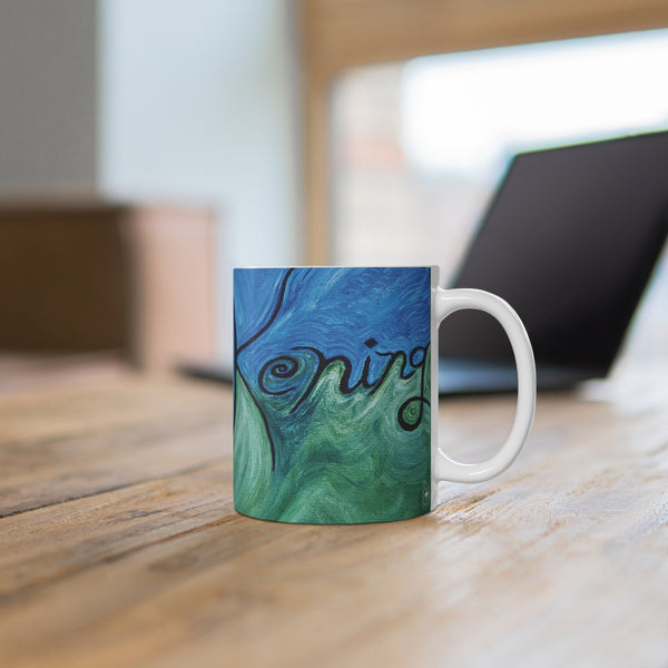 Awakening Art Mug— Black Script with Shades of Blue & Green Waves 11oz