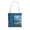 Blue Tote bag with beautiful seaside painting design and inspirational poem.