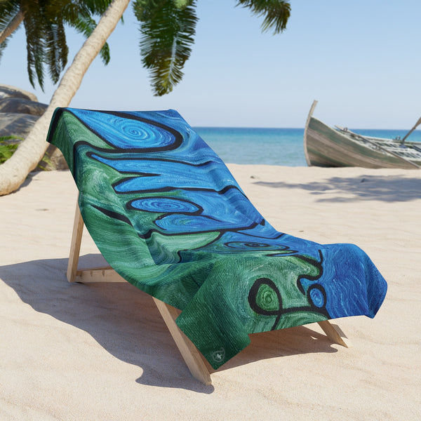 Awakening Wave Beach Towel — Blue-Green Abstract Surf Art