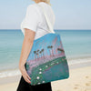 Tote bag with a print of palm tree and sunset painting with lily pads