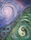 Abstract painting with swirling purple and blue  Galaxy on the left, green and teal on the right, a dark diagonal band across the center, and a pale white-and-black yin-yang symbol near the lower right.
