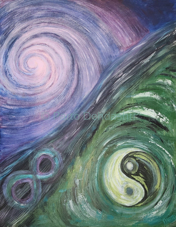 Abstract painting with swirling purple and blue  Galaxy on the left, green and teal on the right, a dark diagonal band across the center, and a pale white-and-black yin-yang symbol near the lower right.
