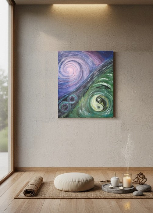 An abstract wall art painting hanging on a wall in a meditation room. The artwork features a swirling cosmic design in purple and blue with yin-yang symbol and infinity path.