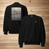 Black sweatshirt with poem on ocean sunset photo on back and logo on front