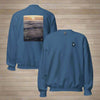 Indigo blue sweatshirt with poem on ocean sunset photo on back and logo on front