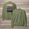 Green sweatshirt with poem on ocean sunset photo on back and logo on front