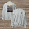 Light grey sweatshirt with poem on ocean sunset photo on back and logo on front